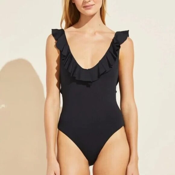 Eberjey Loreta Ruffle Scoop Back So Solid Black One Piece Bathing Suit Large - Picture 1 of 8